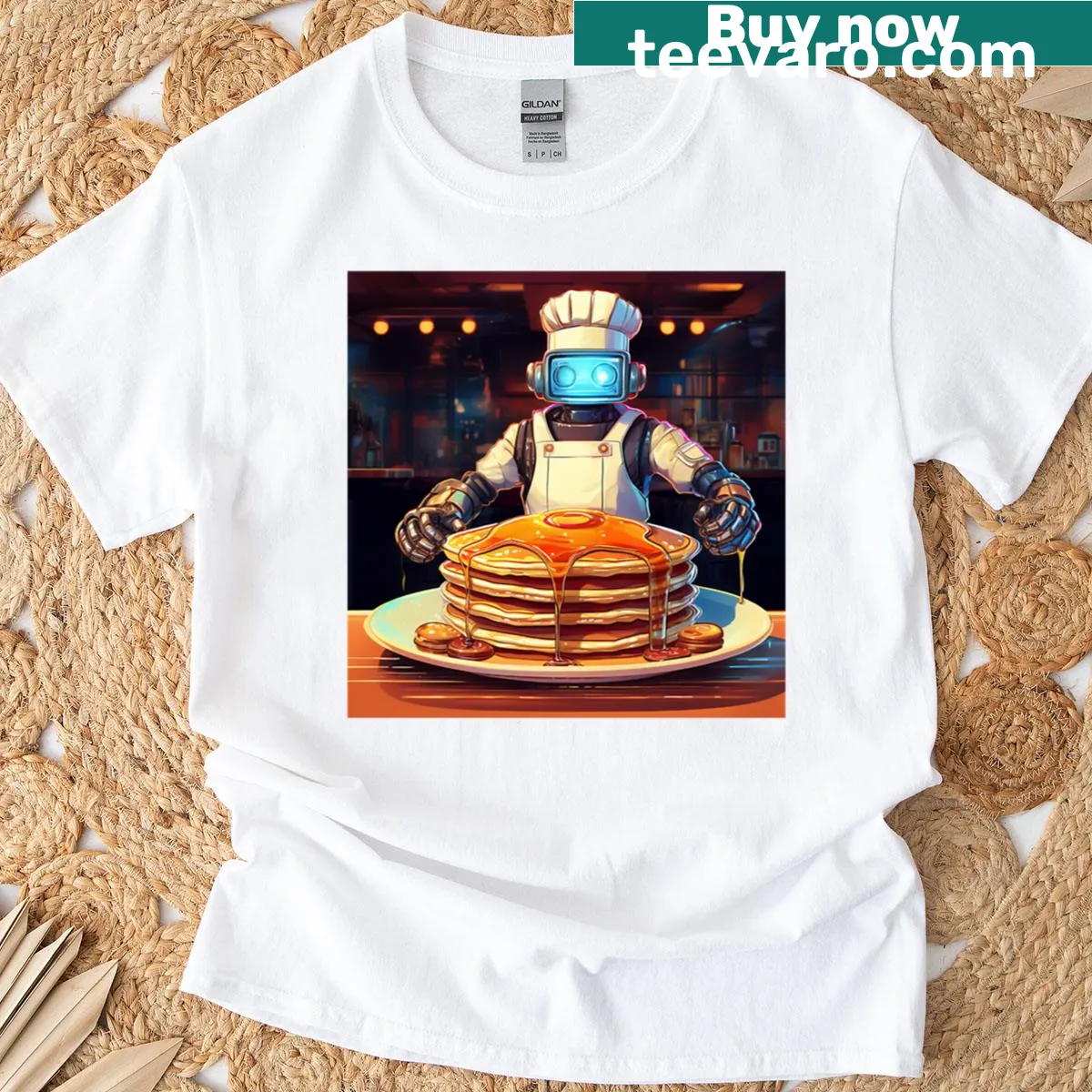 Retro diner-themed t-shirt featuring a robot chef — on a men's t-shirt