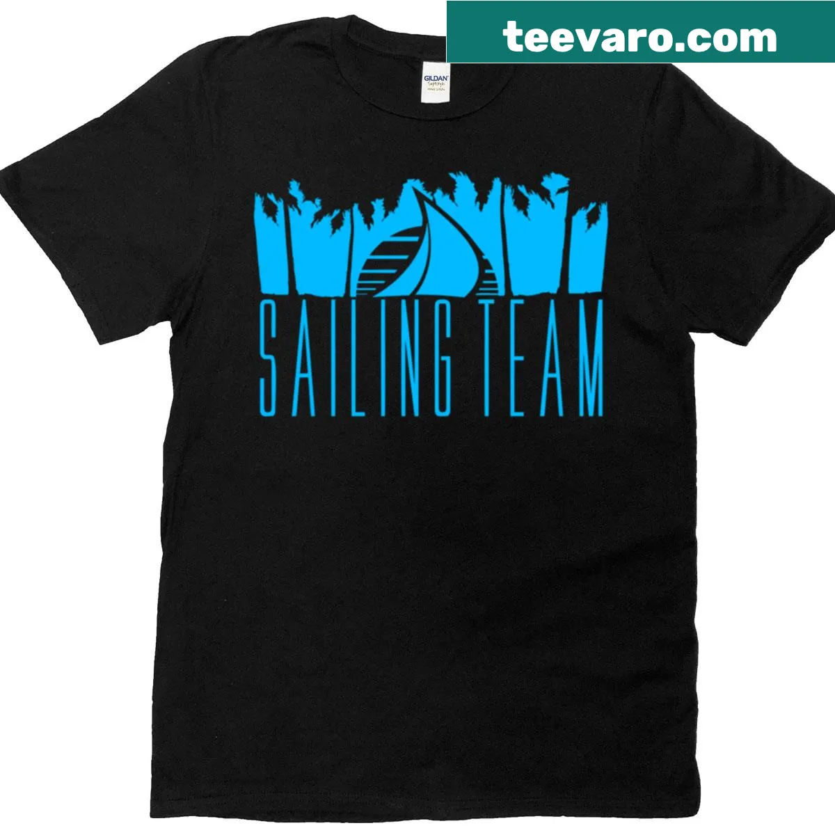 Illustrated t-shirt with a ship, palm trees, and a sunset. — on a men's t-shirt