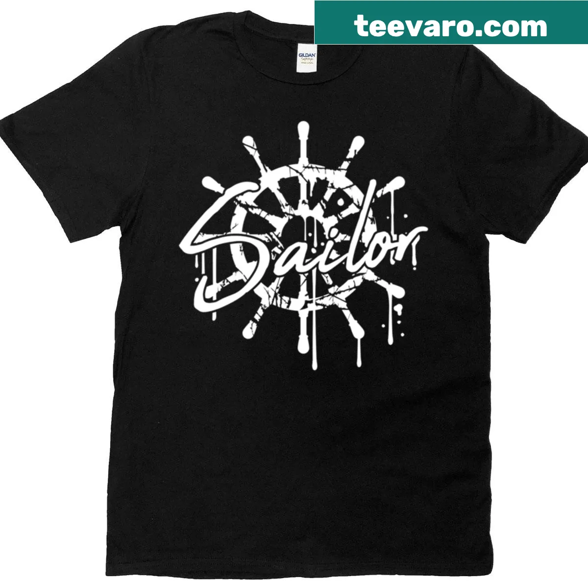 Sailor ship steering wheel t-shirt with graffiti drops. — on a men's t-shirt