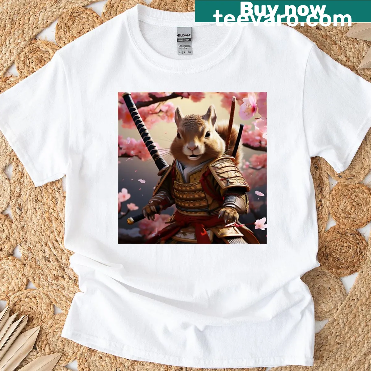 Oversized t-shirt featuring a samurai squirrel design — on a men's t-shirt