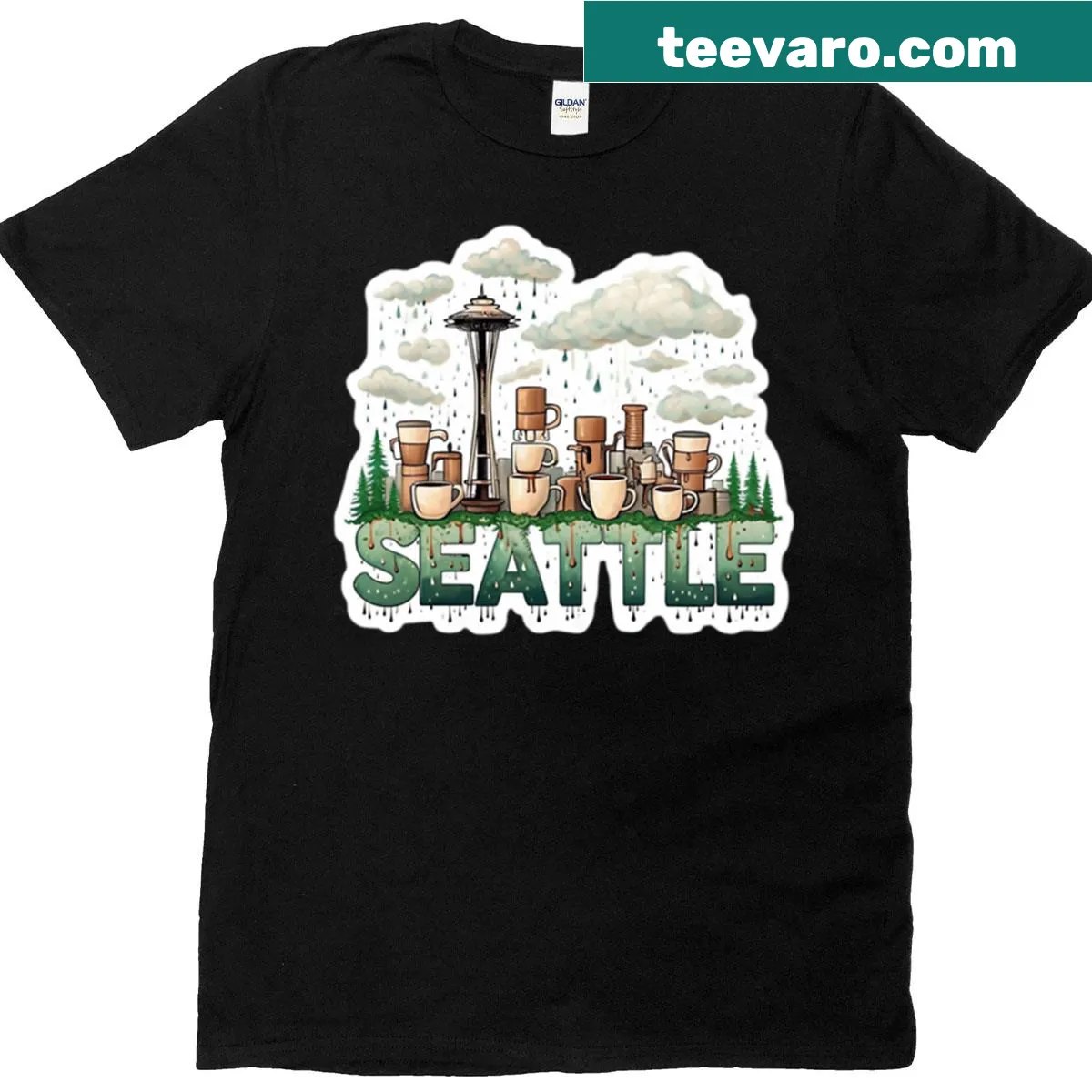 Seattle-themed t-shirt depicting a rainy coffee scene with skyline — on a men's t-shirt