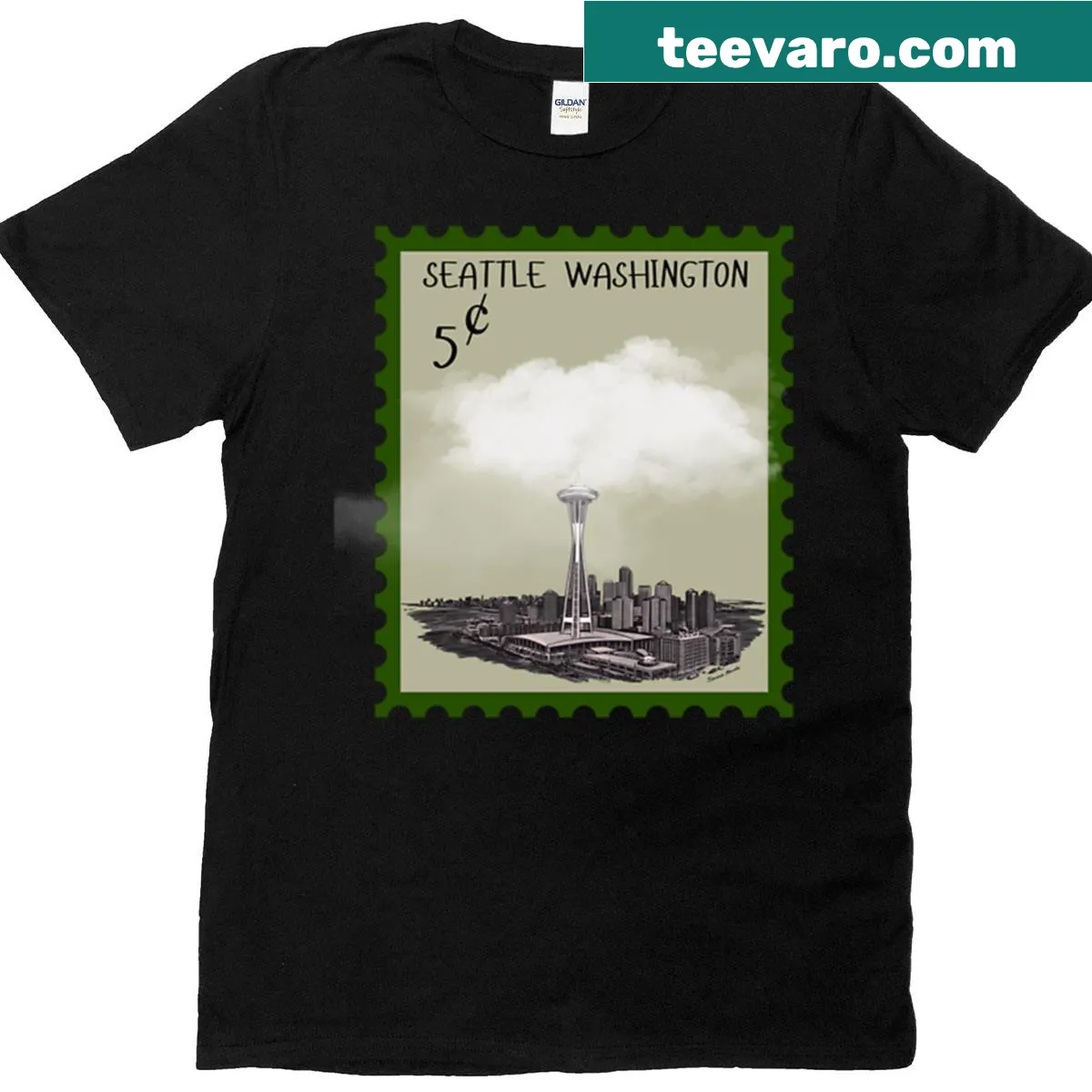 Vintage Seattle stamp graphic t-shirt — on a men's t-shirt