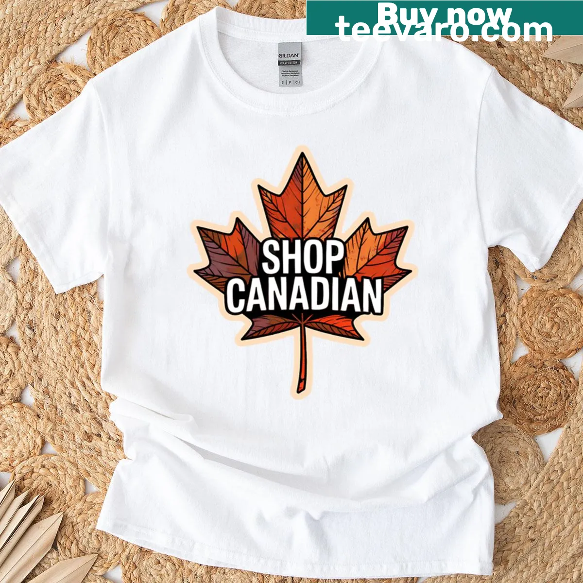 Patriotic T-shirt with 'Shop Local Stay Canadian Stay Strong' text — on a men's t-shirt