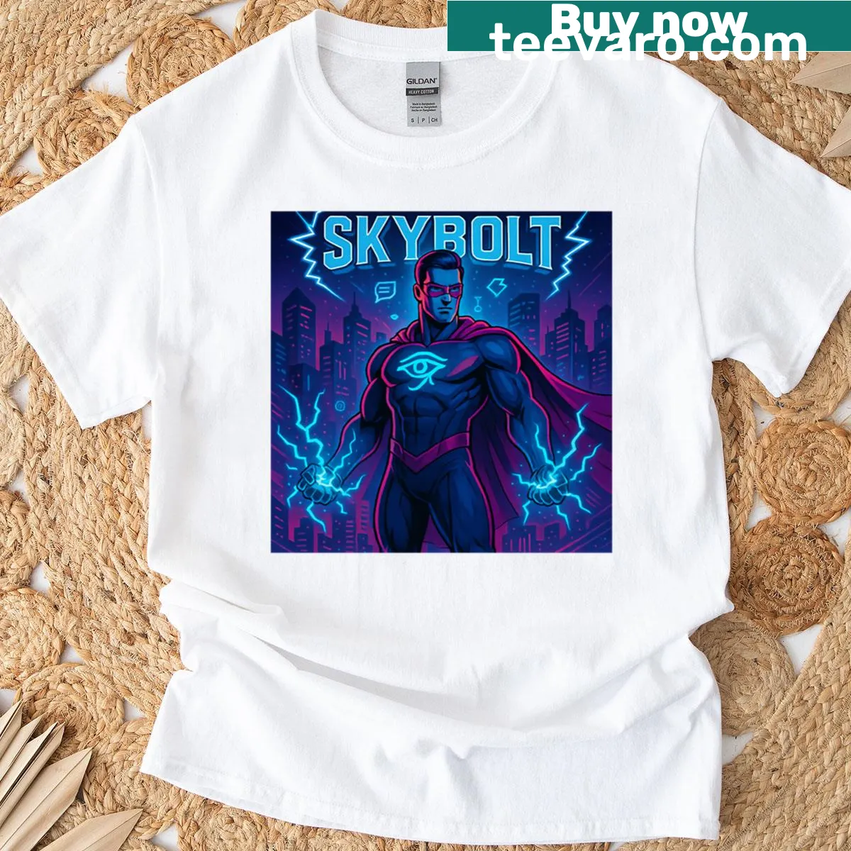 Oversized superhero t-shirt featuring a playful Skybolt graphic — on a men's t-shirt