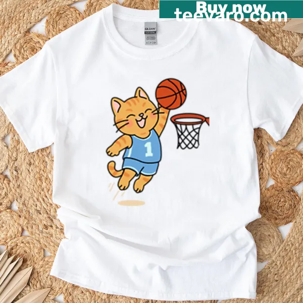 T-shirt with a cat performing a slam dunk in playful illustration