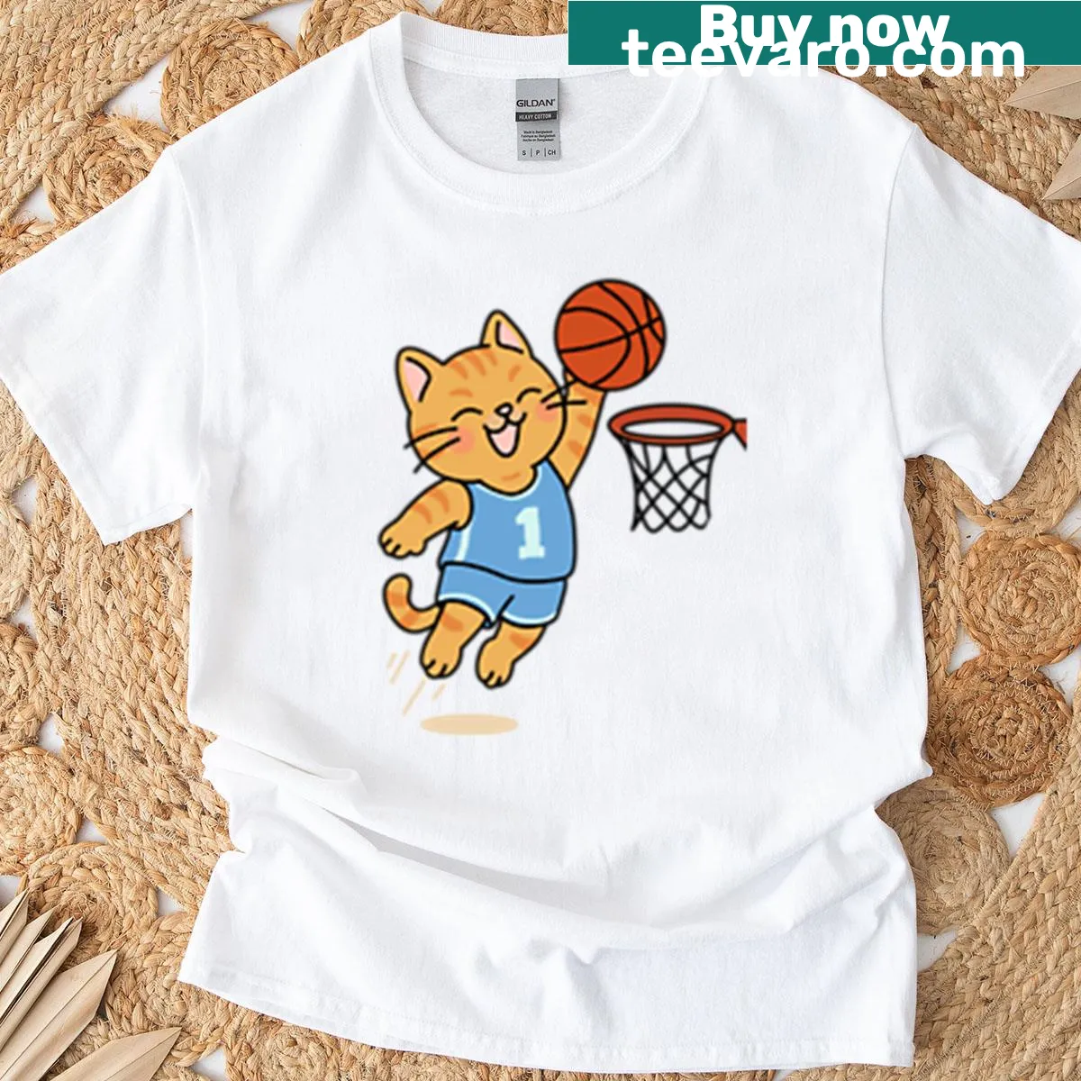 T-shirt with a cat performing a slam dunk in playful illustration — on a men's t-shirt