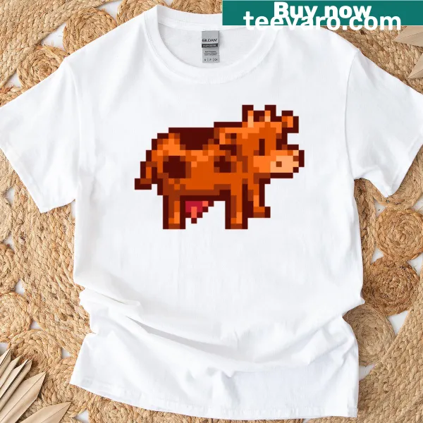 Cartoon cow graphic from Stardew Valley on a T-shirt