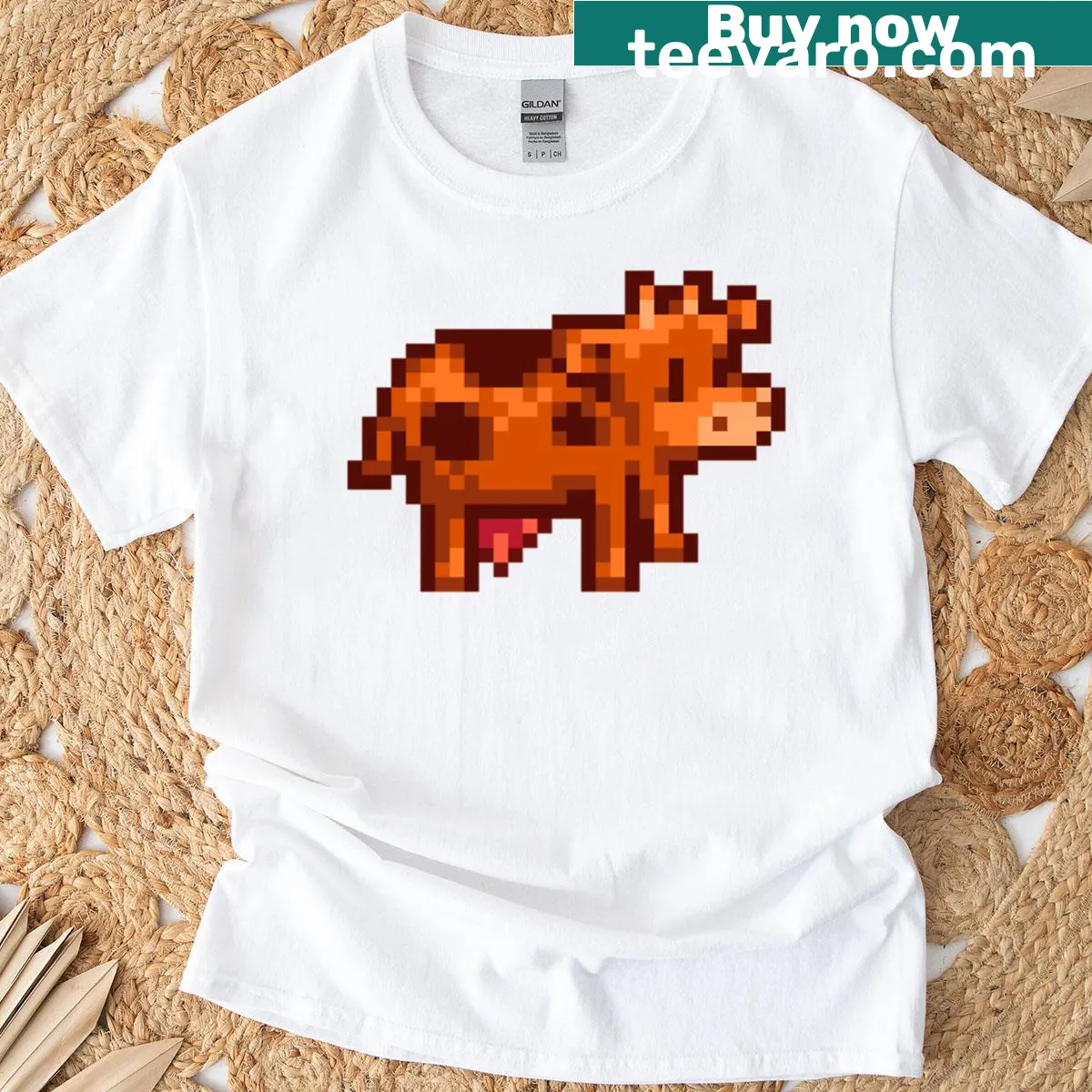 Cartoon cow graphic from Stardew Valley on a T-shirt — on a men's t-shirt