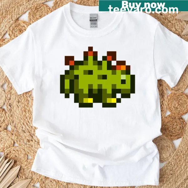 Adorable dinosaur graphic on a t-shirt inspired by Stardew Valley