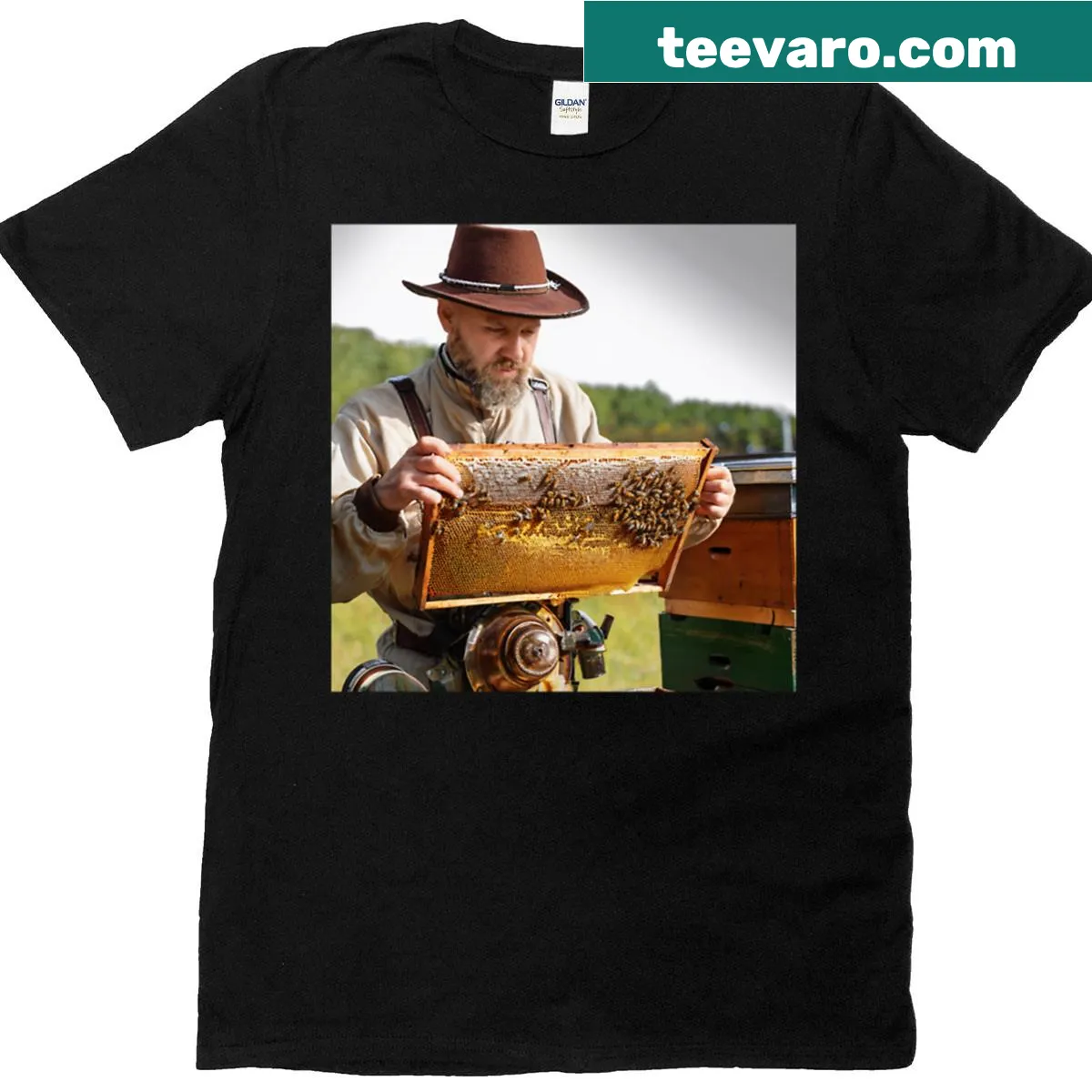 Steampunk-style T-shirt with an industrial hive design — on a men's t-shirt