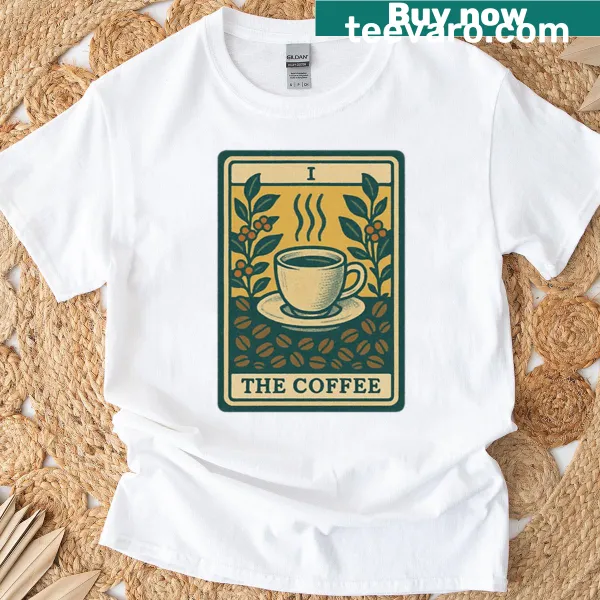 T-shirt featuring a mystical coffee tarot card graphic