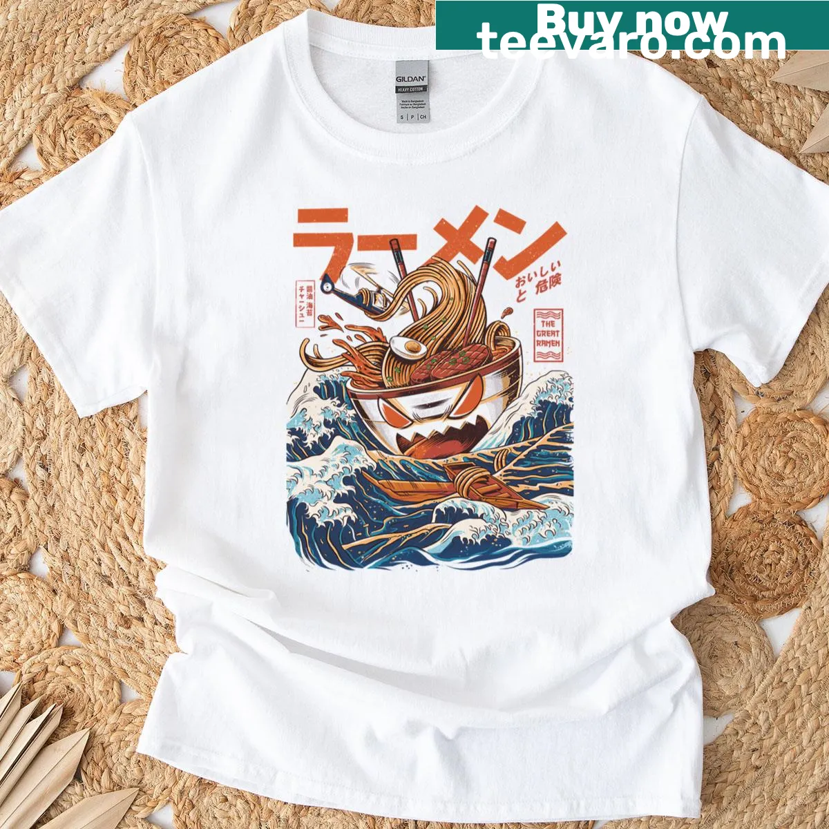 Humorous ramen competition design inspired by The Great Wave off Kanagawa — on a men's t-shirt