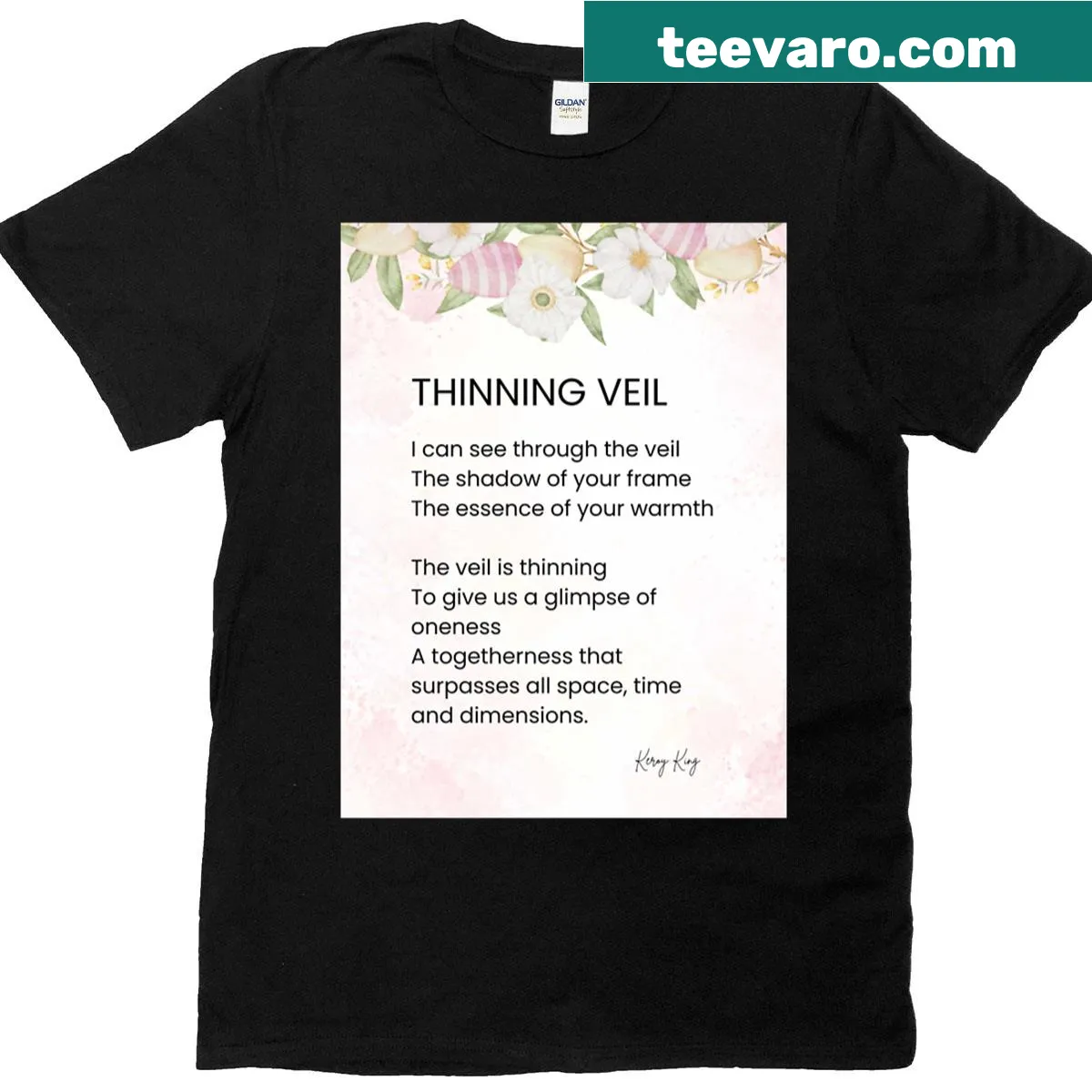 Illustrative T-shirt featuring a mystical thinning veil and poem — on a men's t-shirt
