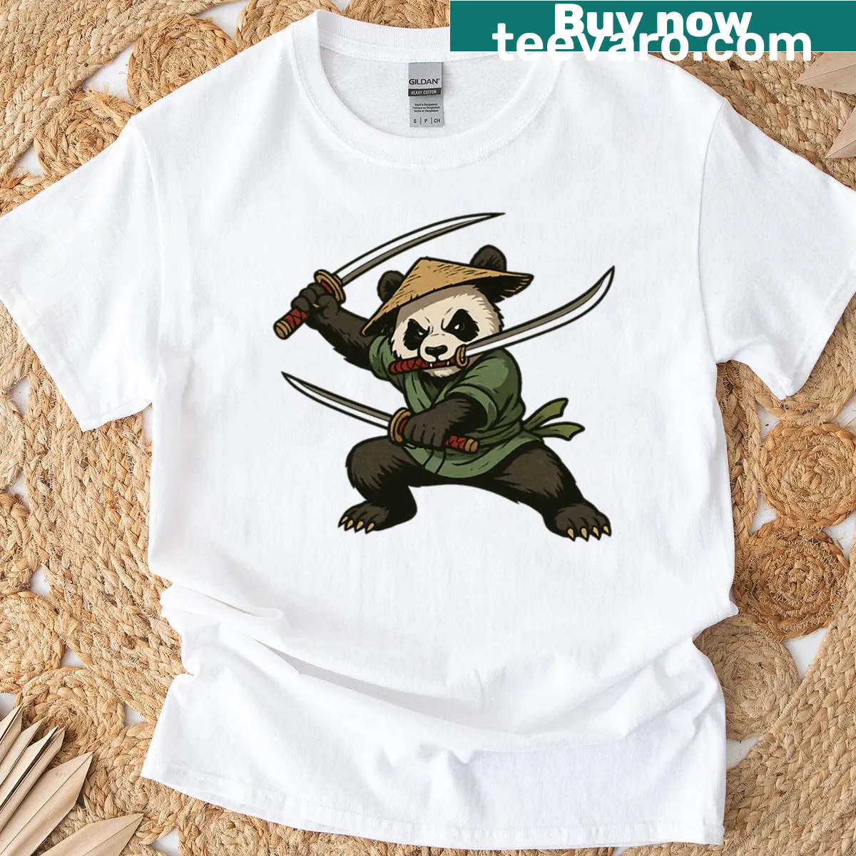 Panda illustration T-shirt featuring a panda with three swords. — on a men's t-shirt