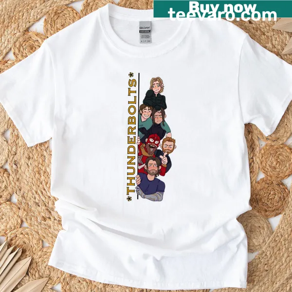 Dynamic graphic t-shirt featuring Thunderbolts theme