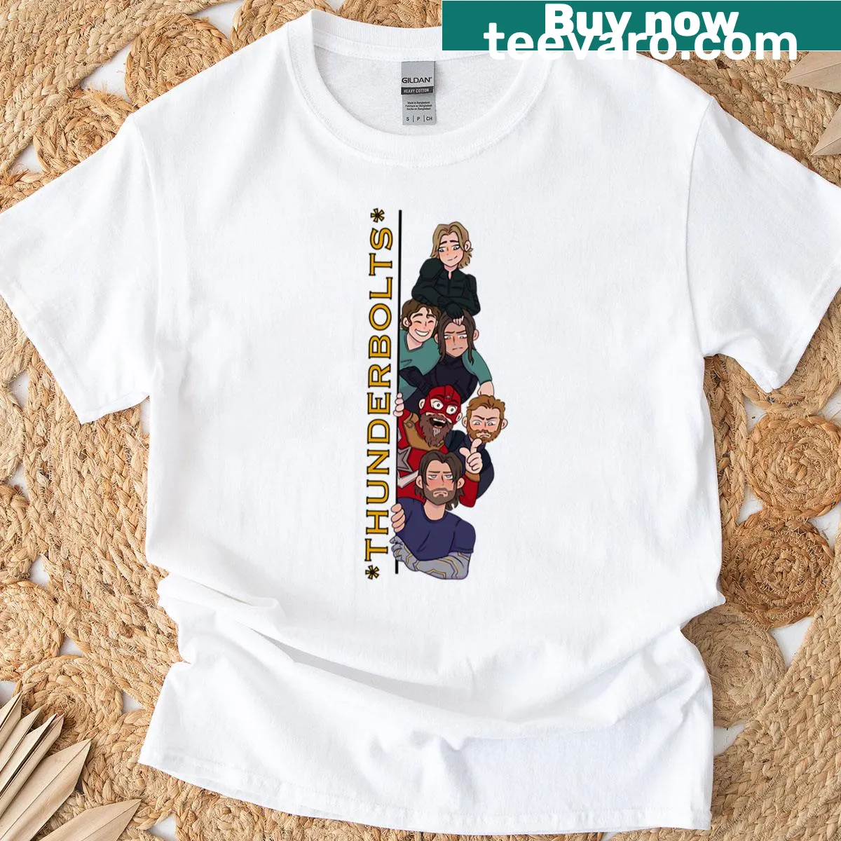 Dynamic graphic t-shirt featuring Thunderbolts theme — on a men's t-shirt