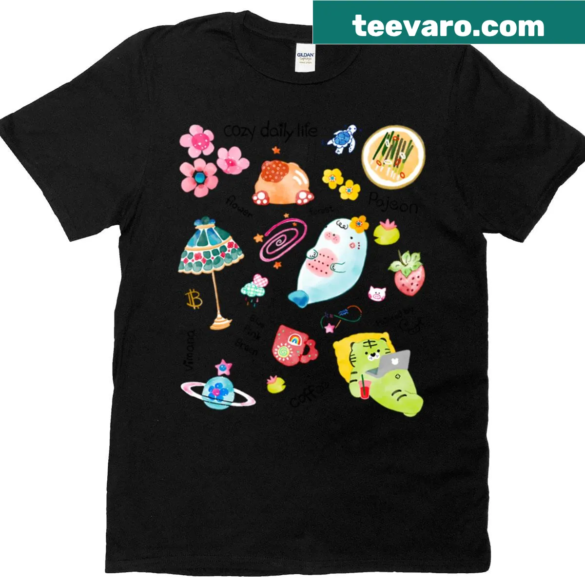 Whimsical tiger and colorful elements t-shirt — on a men's t-shirt