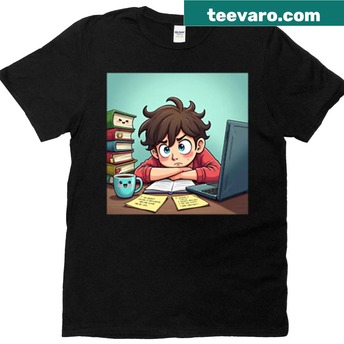 T-shirt for tired students with humorous study-related text — on a men's t-shirt