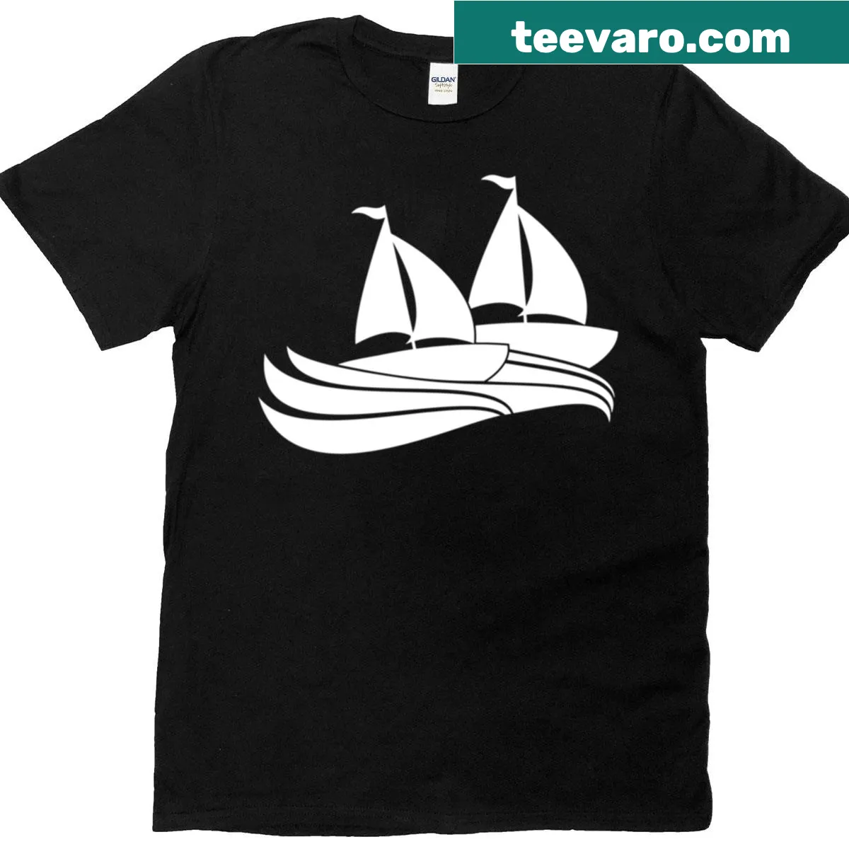 Illustrated t-shirt featuring two ships in a sailing competition — on a men's t-shirt