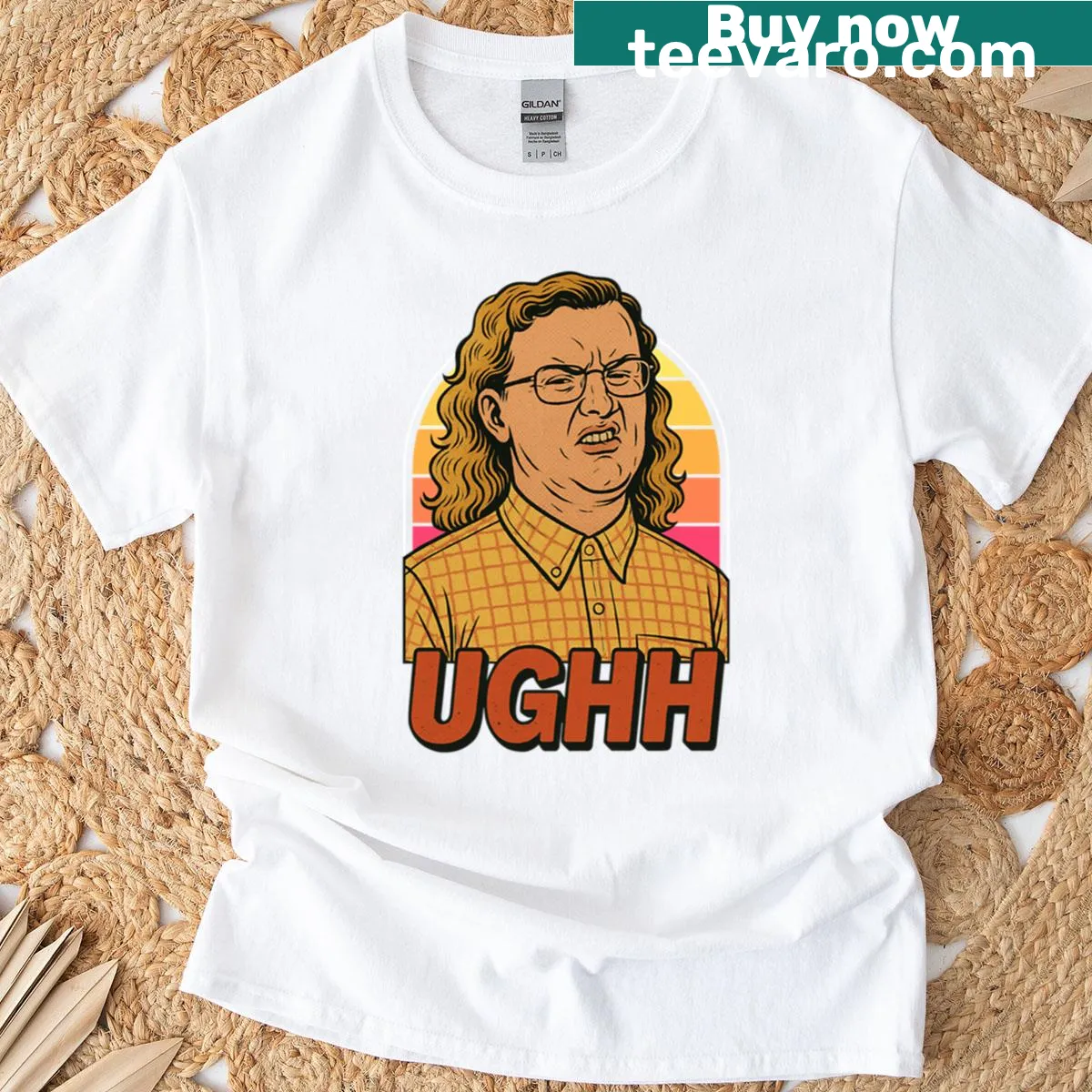 Vintage distressed t-shirt with 'Ughh James' humorous graphic — on a men's t-shirt