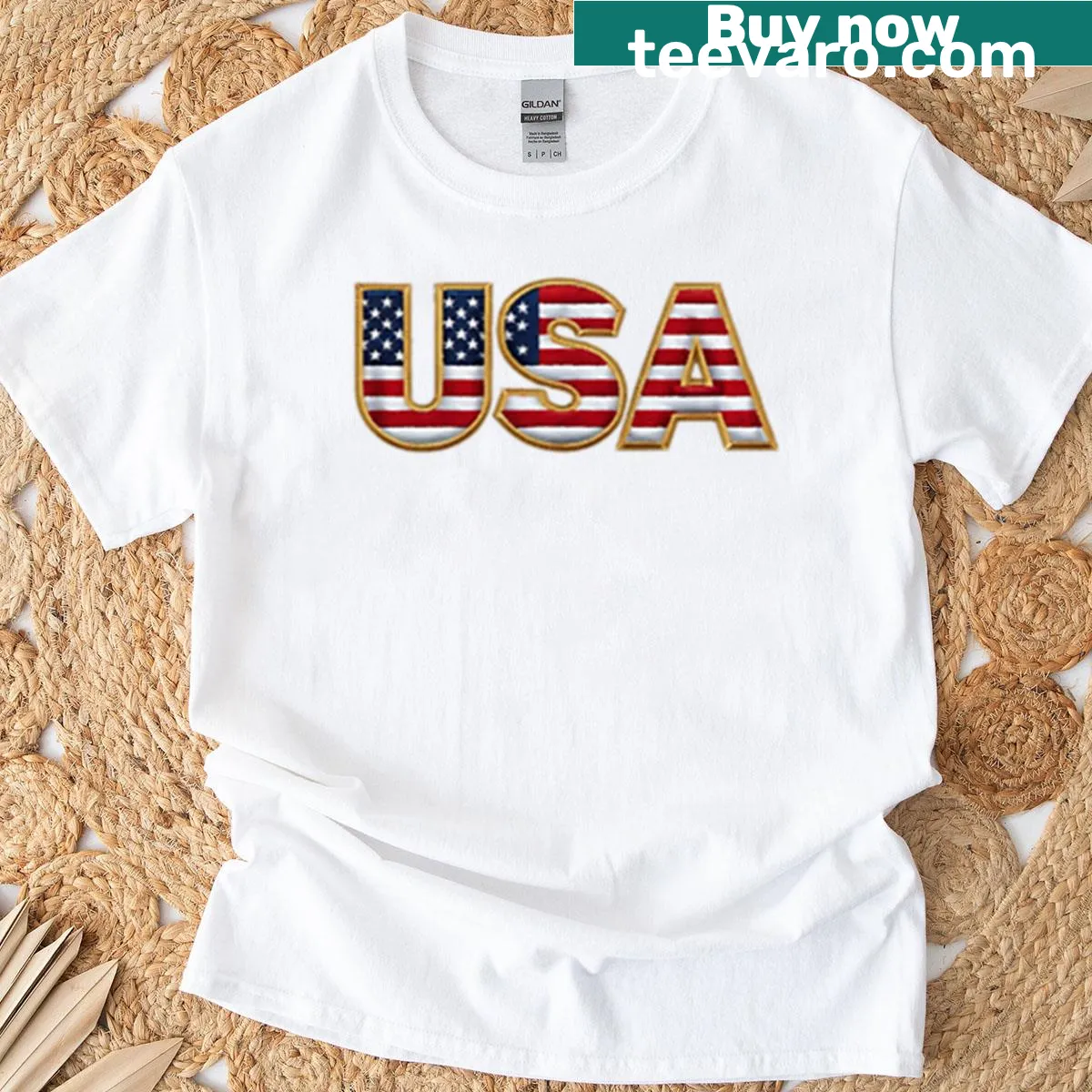 Embroidered USA flag T-shirt showcasing patriotic design. — on a men's t-shirt