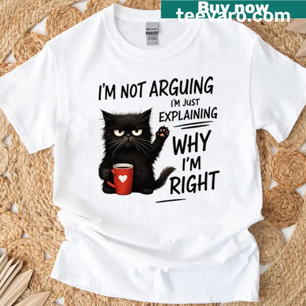 Sarcastic T-shirt with black cat and coffee design