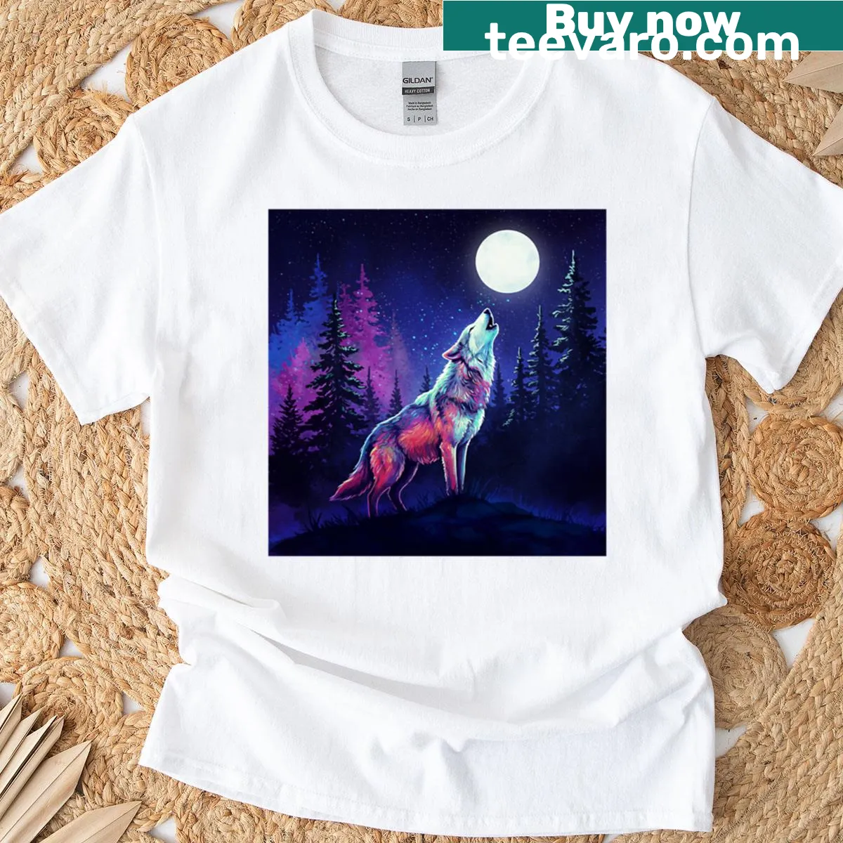 Bold t-shirt featuring a wolf howling at the moon with neon illustration — on a men's t-shirt