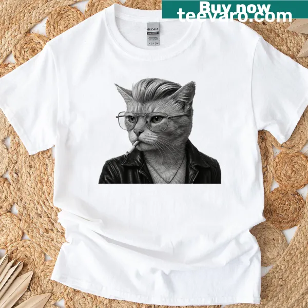 Oversized t-shirt featuring a cartoon cool cat with pompadour and shades