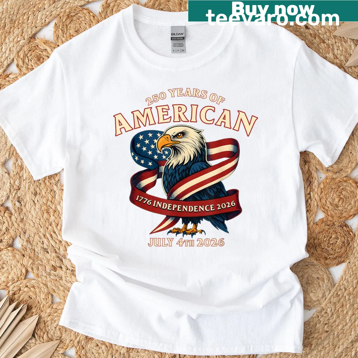 Vintage-style 250th Anniversary USA t-shirt with American symbols. — on a men's t-shirt