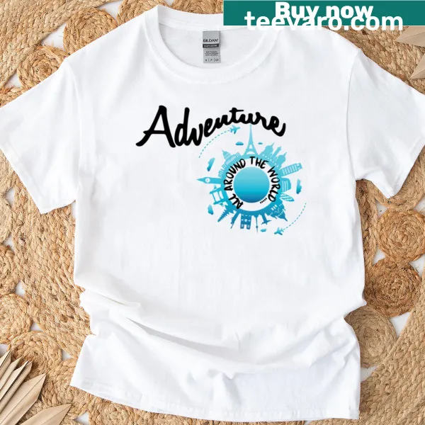 Illustration of global landmarks on Adventure Around The World t-shirt.