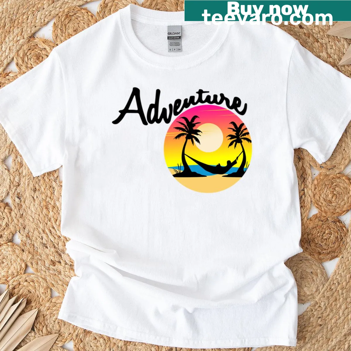 Illustration of a hammock on a beach at sunset on a t-shirt — on a men's t-shirt
