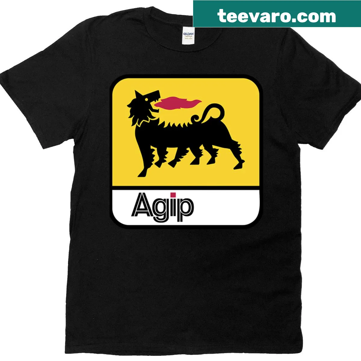 Bold Agip logo design on a T-shirt — on a men's t-shirt