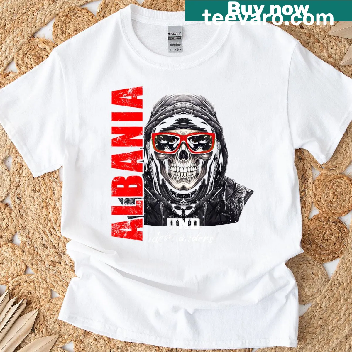 Vintage-style Albania flag t-shirt with distressed graphic. — on a men's t-shirt