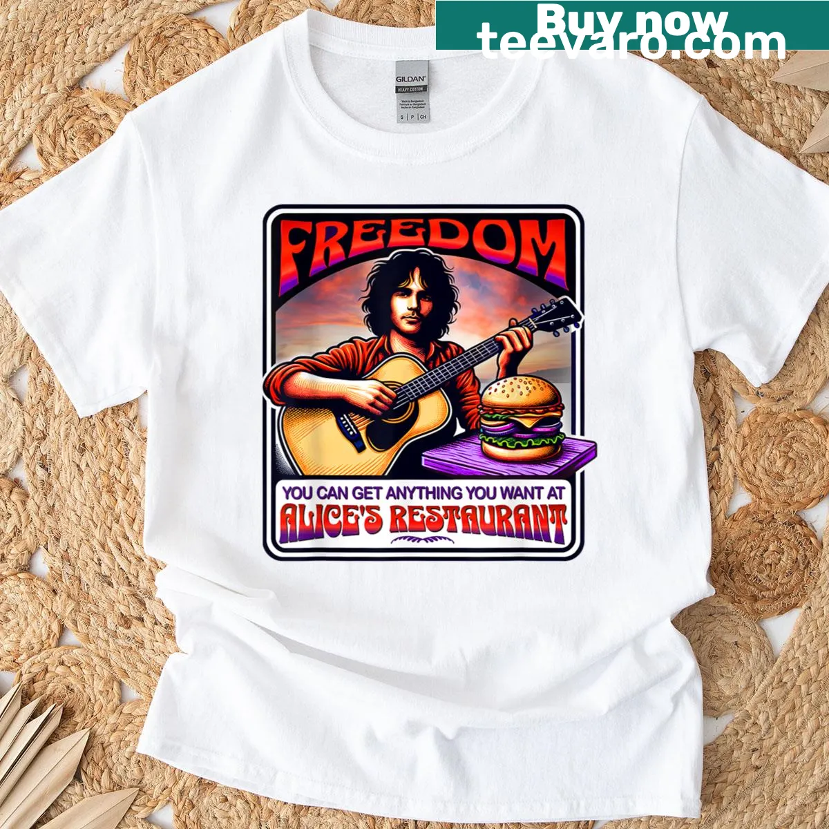 Vintage-style music t-shirt featuring guitar imagery related to Alice's Restaurant. — on a men's t-shirt