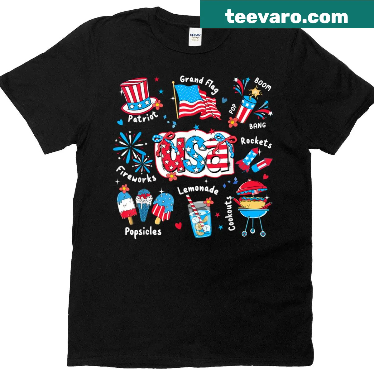 Patriotic T-shirt with coquette bow and ice cream design — on a men's t-shirt