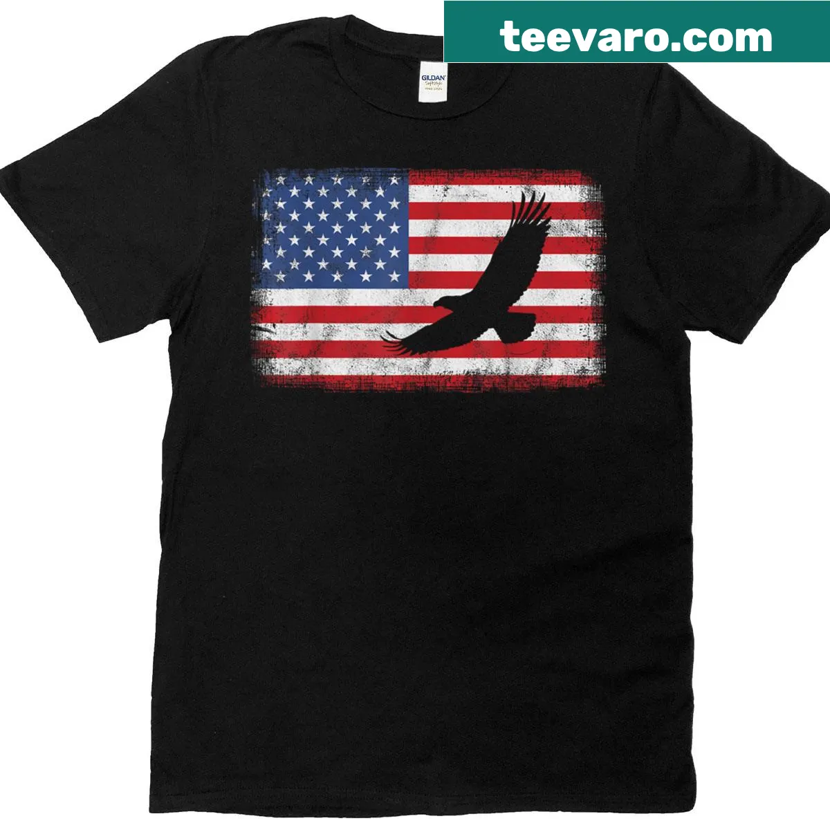 Bald eagle soaring over an American flag design — on a men's t-shirt