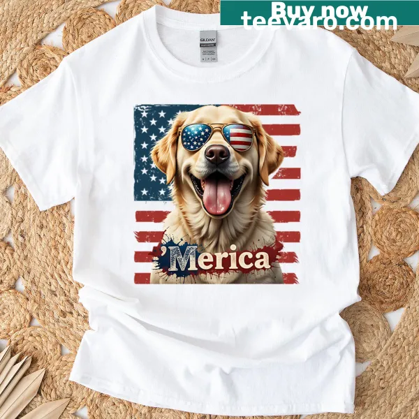 Vintage-style graphic of a golden retriever with an American flag