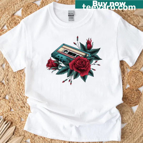 Vintage cassette tape graphic on a music-themed t-shirt