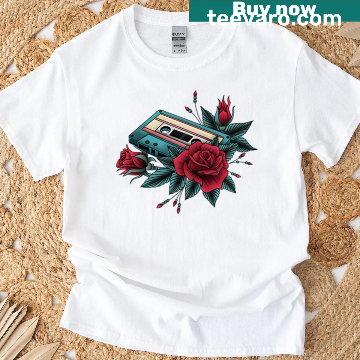 Vintage cassette tape graphic on a music-themed t-shirt — on a men's t-shirt