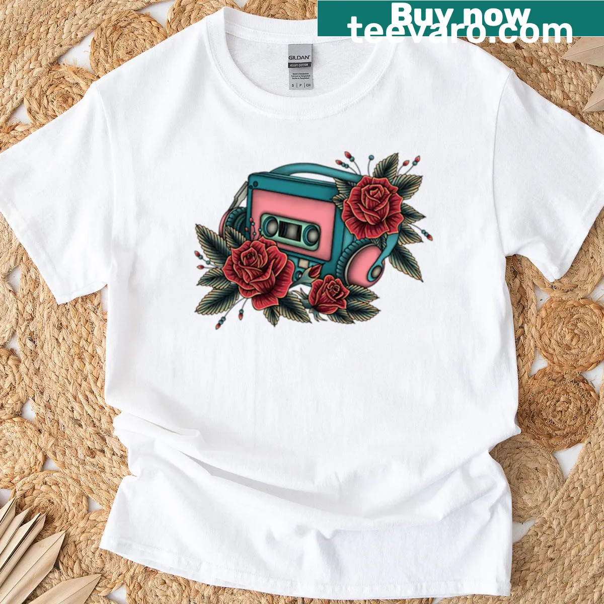Retro Walkman graphic on a music-themed t-shirt — on a men's t-shirt
