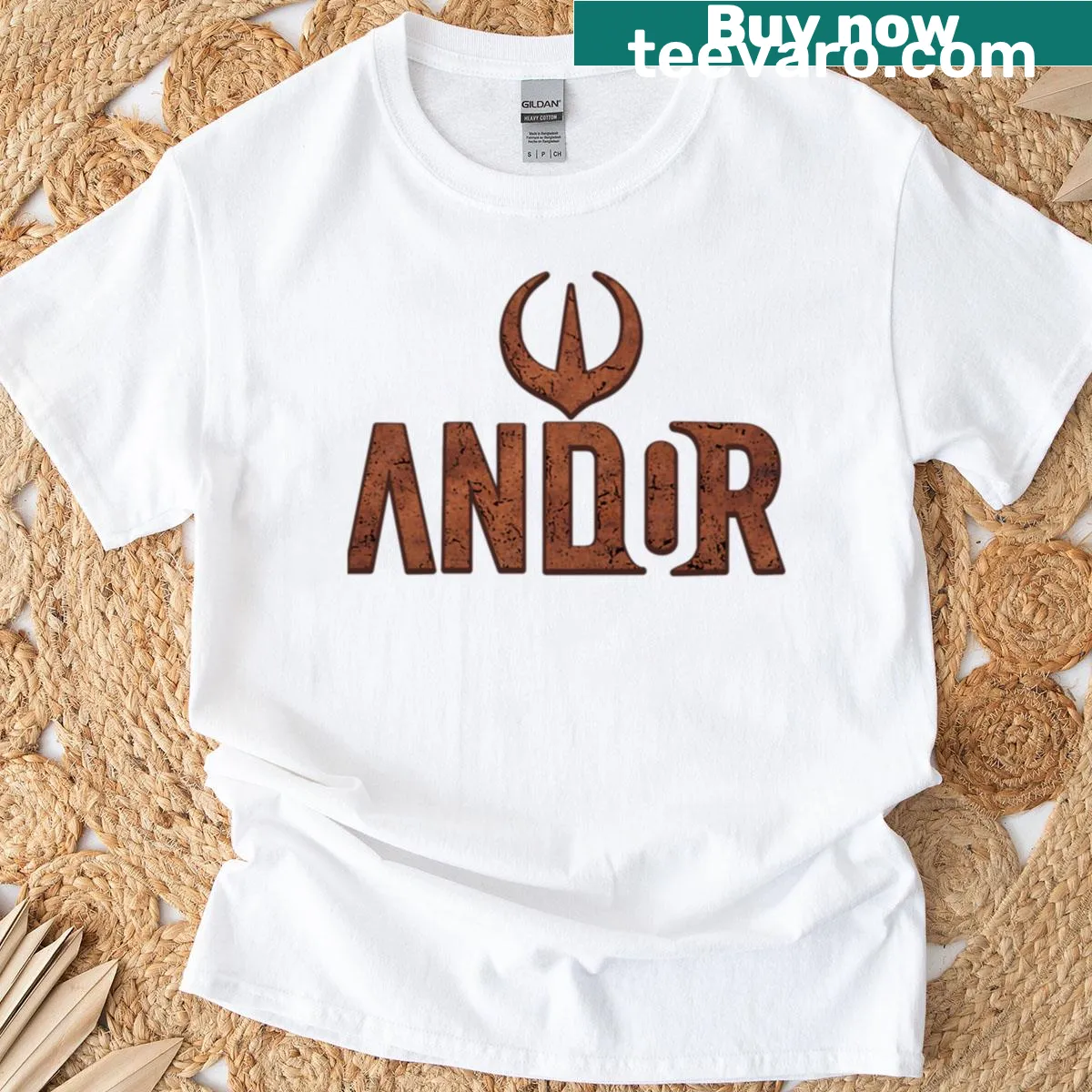 Minimalist Andor Raised Logo T-shirt design — on a men's t-shirt