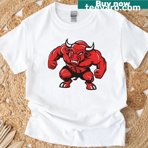 Angry reddish bull graphic on T-shirt
