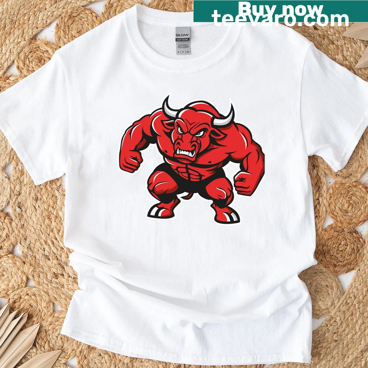 Angry reddish bull graphic on T-shirt — on a men's t-shirt