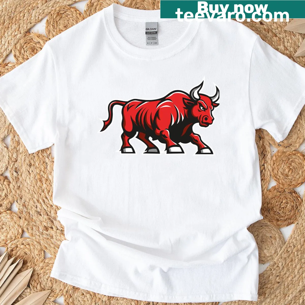 Realistic T-shirt depicting an angry reddish bull — on a men's t-shirt
