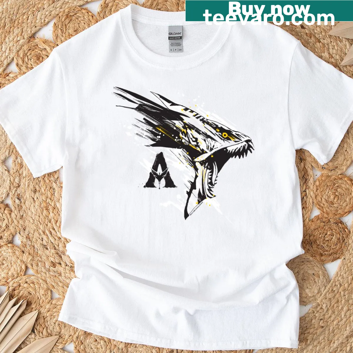 Banshee-themed T-shirt with artistic paint splash logo — on a men's t-shirt