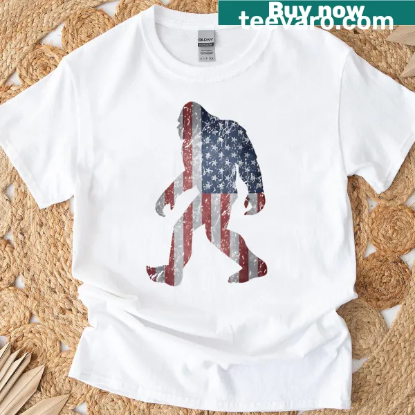 Bigfoot graphic on American flag t-shirt for patriotism
