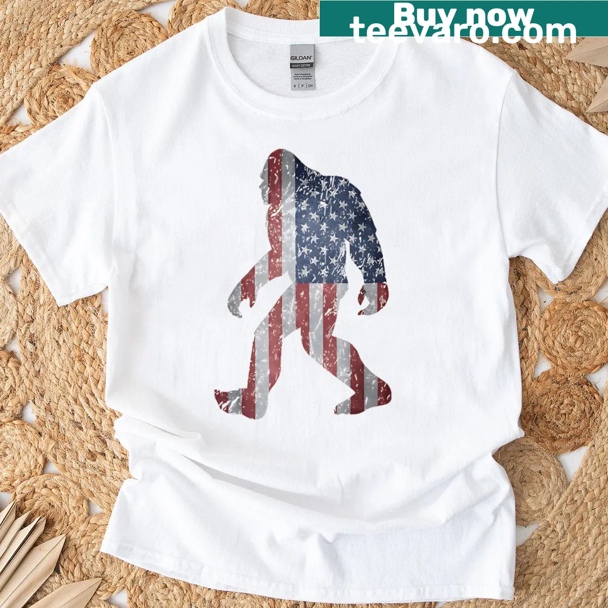 Bigfoot graphic on American flag t-shirt for patriotism — on a men's t-shirt