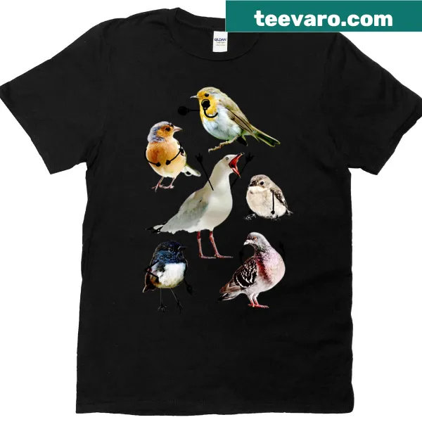 Cartoon illustration of birds with arms on a whimsical t-shirt