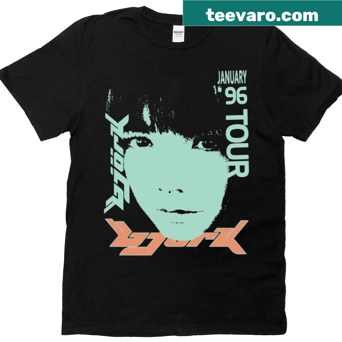 Bjork 1996 tour t-shirt with typography and unique designs — on a men's t-shirt