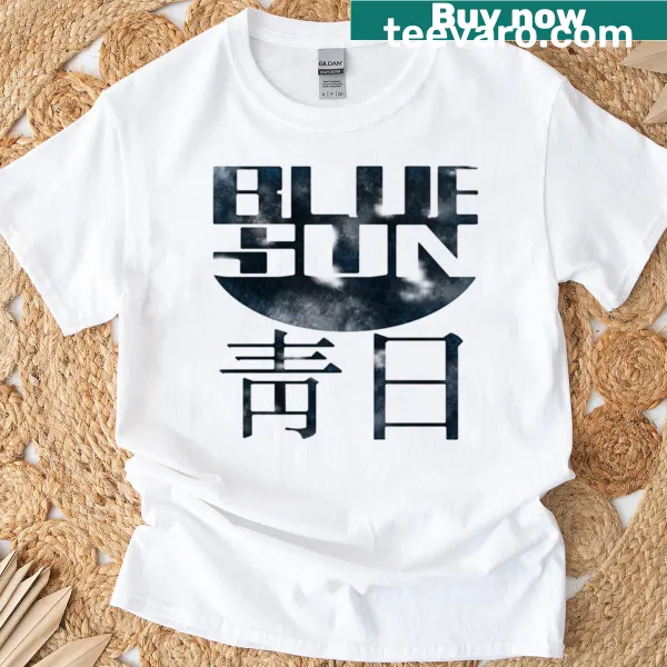 Illustrated blue sun logo on a casual t-shirt